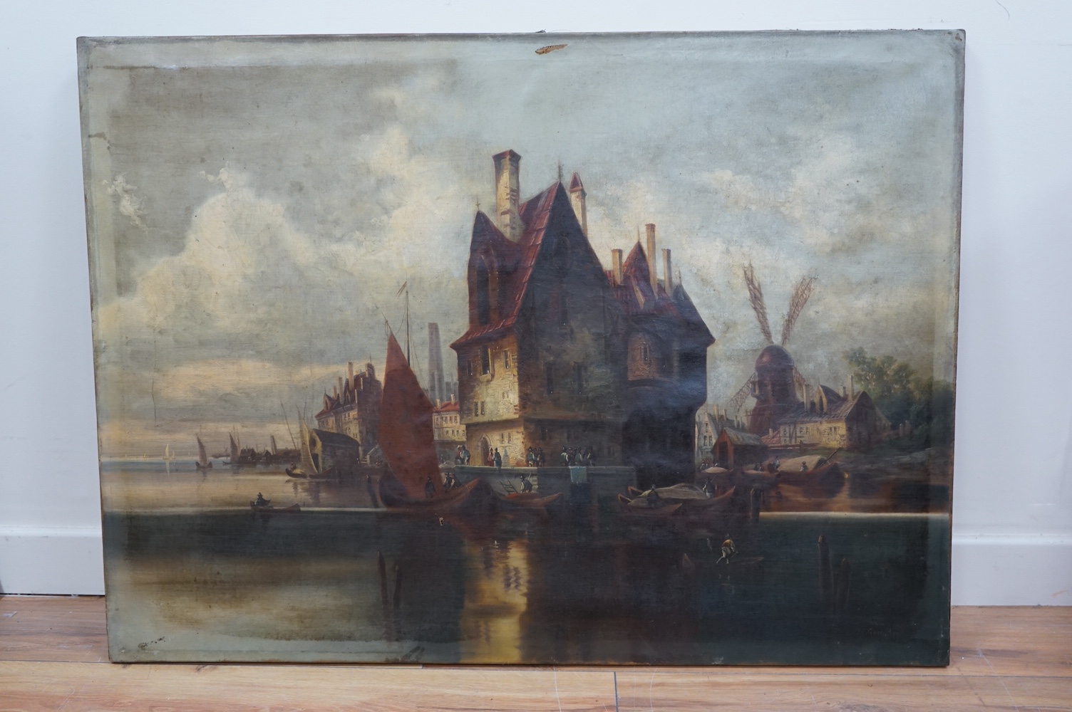 Carl Gessnitzer, (German, 19th. C), oil on canvas, Riverside town, view, signed, 73 x 100cm, unframed. Condition - fair, would benefit from a clean